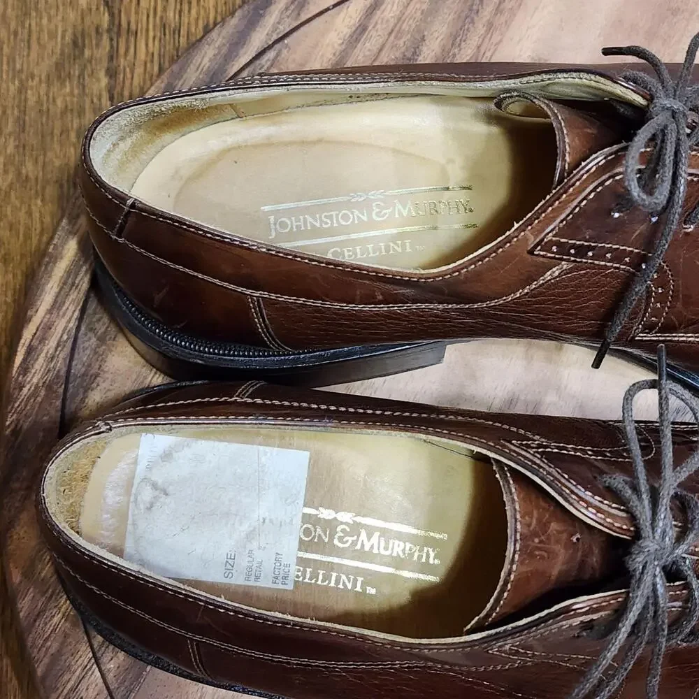 Johnston & Murphy Cellini Shoes Mens Size 10.5 M Brown Leather Cap Toe Italy